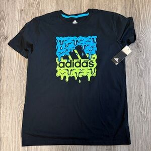 Adidas Black Short-Sleeve Tee with Blue and Neon Green Drip Logo